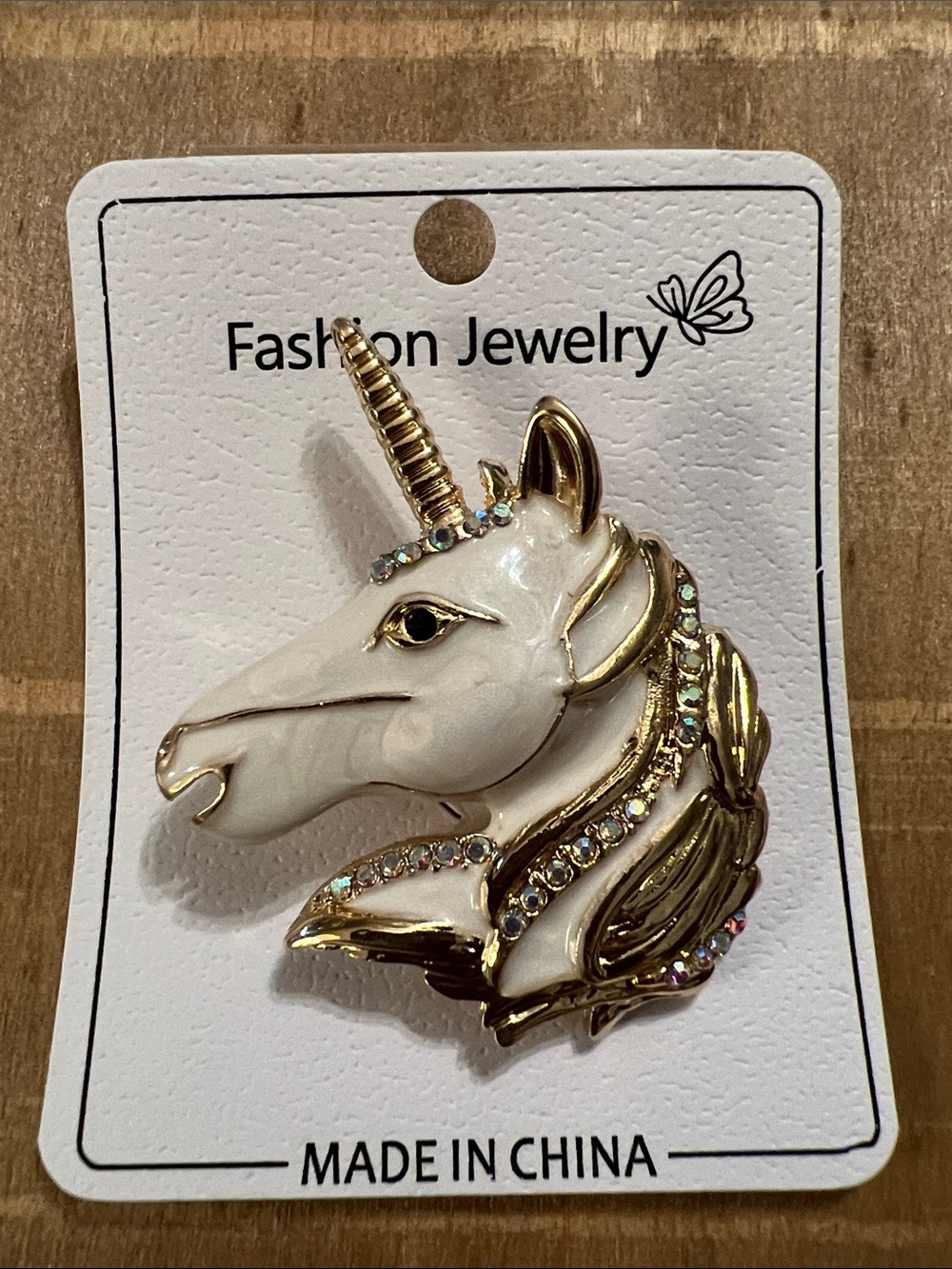 3/$18 Fashion Jewelry White & Gold Unicorn Head Brooch with Rhinestones Lot 6054